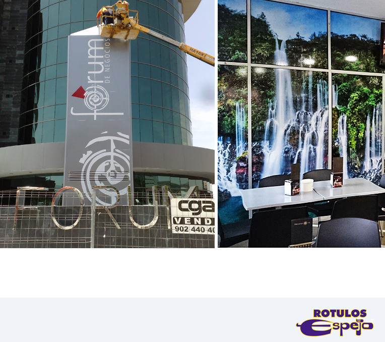 Restaurante con vinilo en las ventanas y centro forum